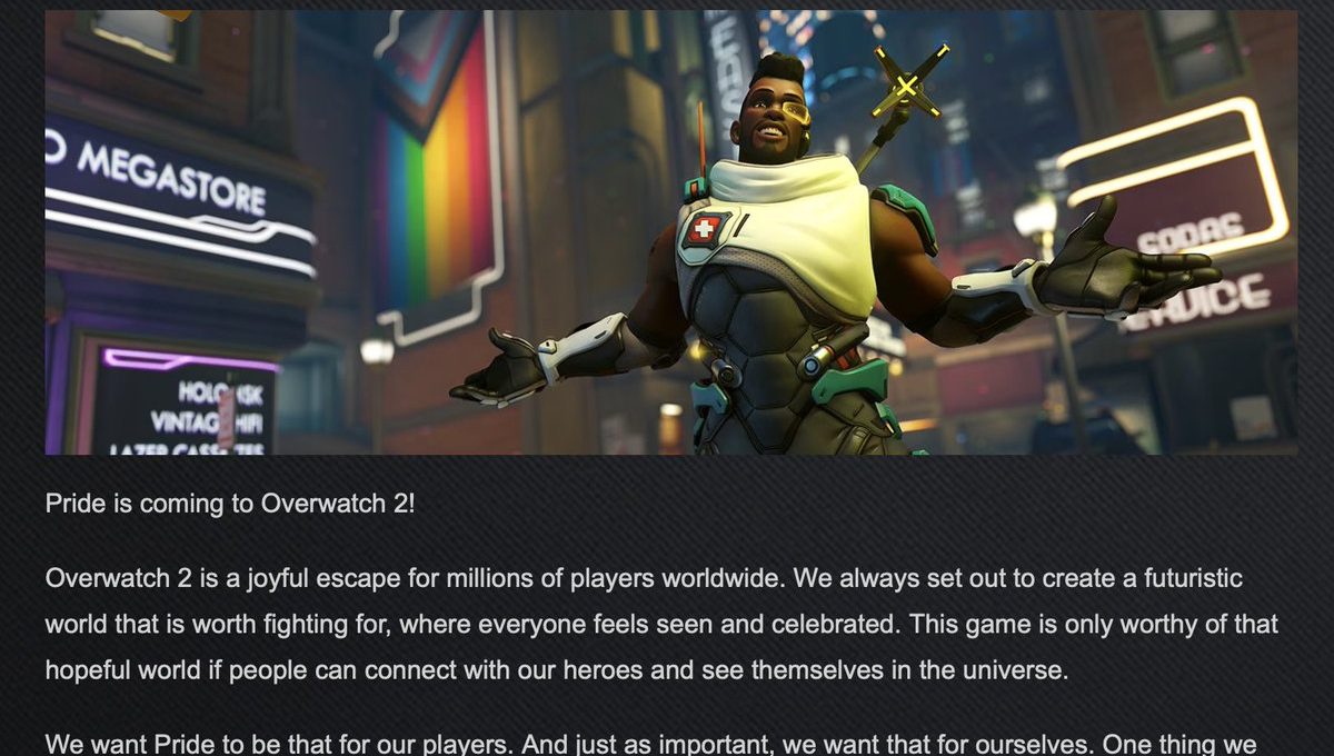 Overwatch 2 hero Lucio celebrating Pride with rainbow flag in futuristic city street