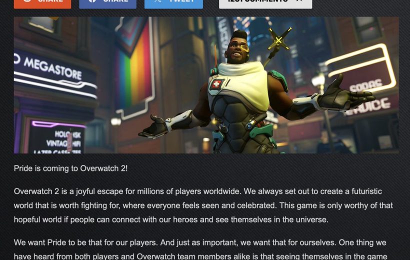 Overwatch 2 hero Lucio celebrating Pride with rainbow flag in futuristic city street