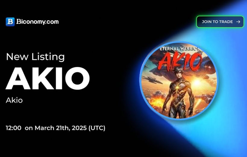 Banner announcing new listing "AKIO" with futuristic warrior artwork and listing date.
