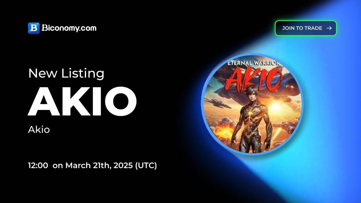 Banner announcing new listing "AKIO" with futuristic warrior artwork and listing date.