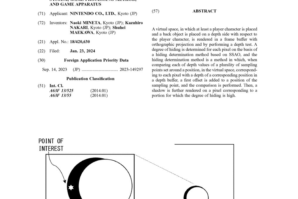 Patent document page showing abstract and diagram of a player viewing a crescent moon object.