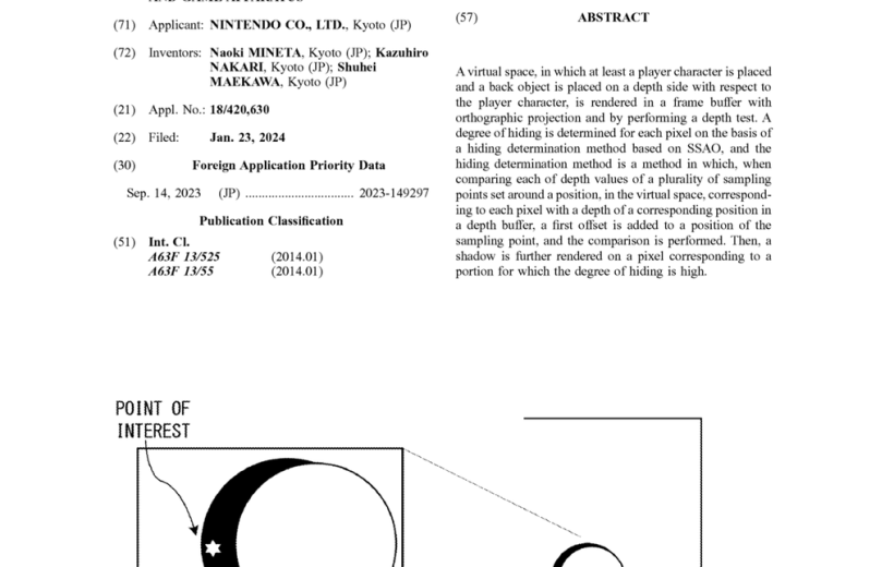 Patent document page showing abstract and diagram of a player viewing a crescent moon object.