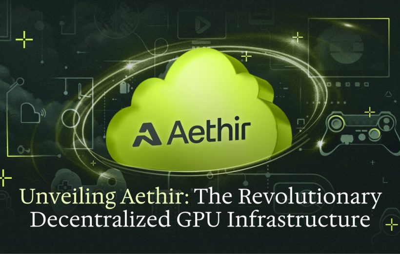 Green cloud logo labeled Aethir above text about decentralized GPU infrastructure and gaming icons