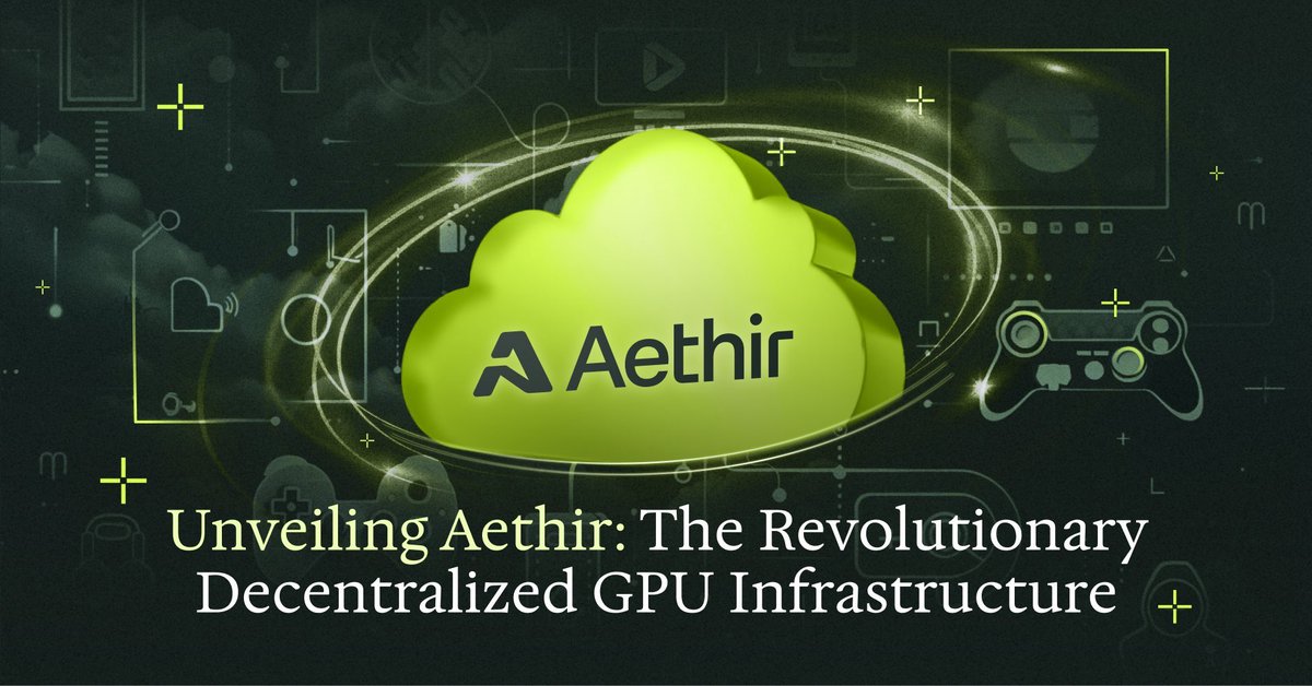 Green cloud logo labeled Aethir above text about decentralized GPU infrastructure and gaming icons