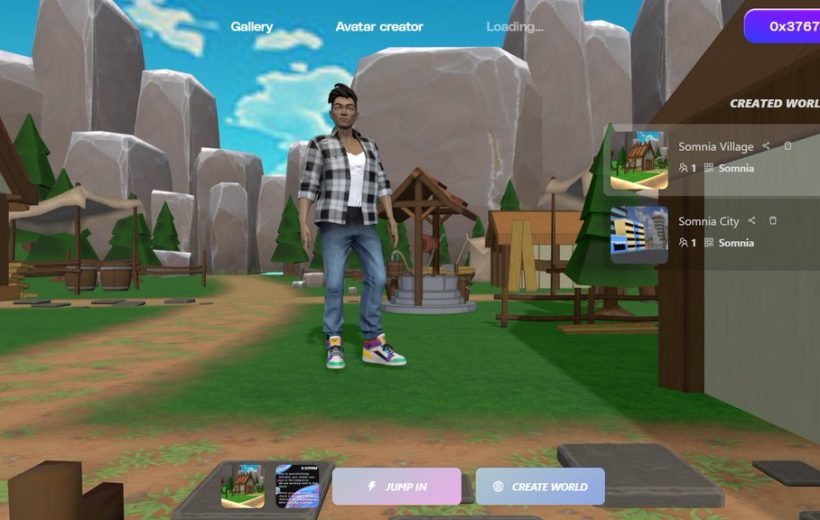 Virtual avatar standing in a village scene with cabins, trees, and rocky mountains
