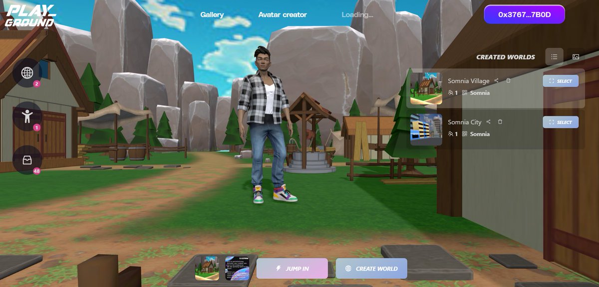 Virtual avatar standing in a village scene with cabins, trees, and rocky mountains