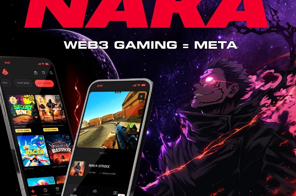 Bold "NAKA" title with smartphones showing Web3 games and a glowing anime warrior