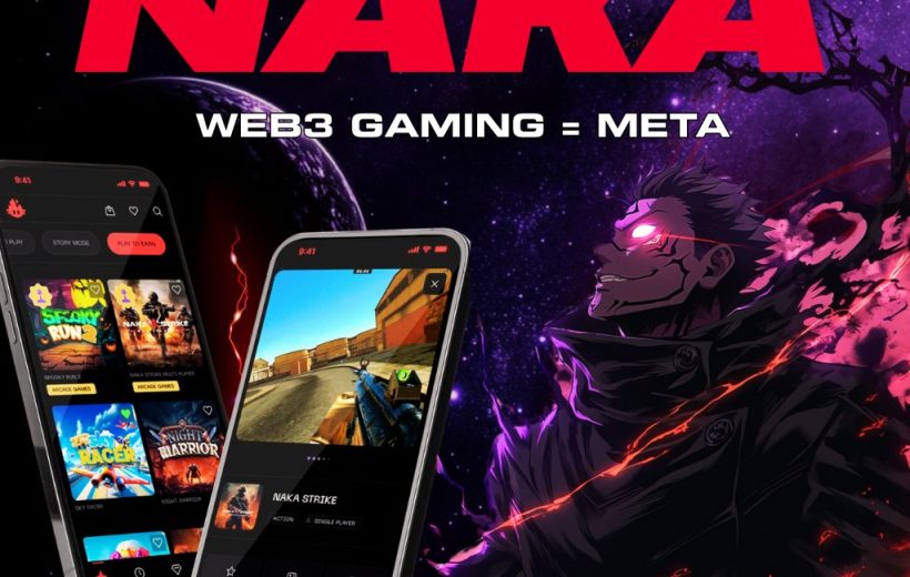 Bold "NAKA" title with smartphones showing Web3 games and a glowing anime warrior