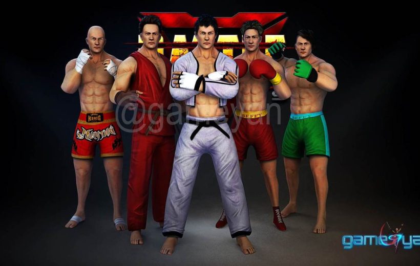 Five shirtless martial artists in varied fighting gear posing together against dark background
