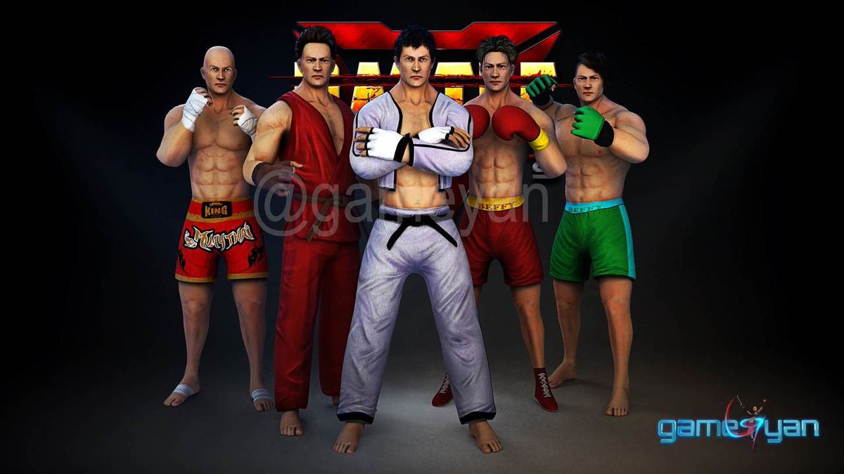 Five shirtless martial artists in varied fighting gear posing together against dark background