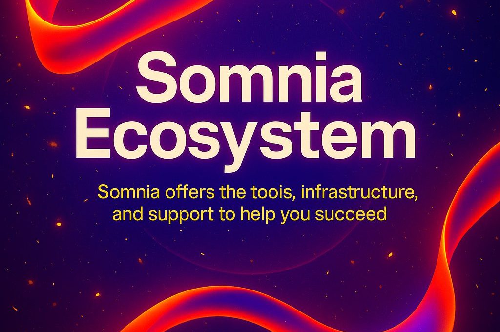 Somnia Ecosystem banner with glowing red ribbons and tagline about tools and support