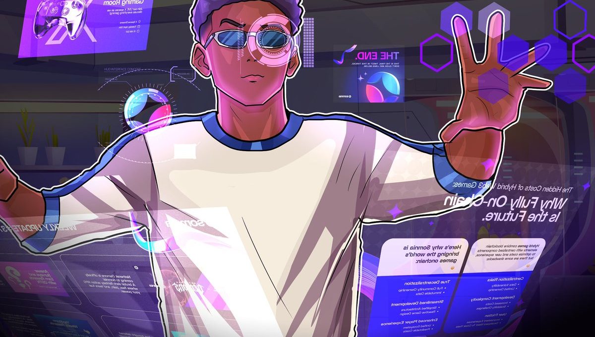 Young person wearing smart glasses interacting with translucent AR gaming interface panels.