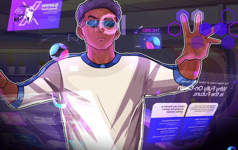 Young person wearing smart glasses interacting with translucent AR gaming interface panels.