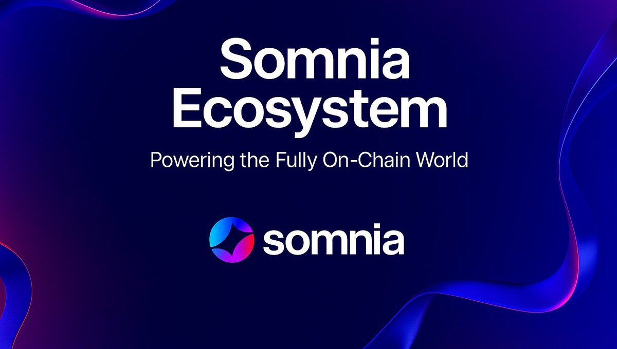 Somnia Ecosystem title and logo on dark blue background with colorful ribbon accents