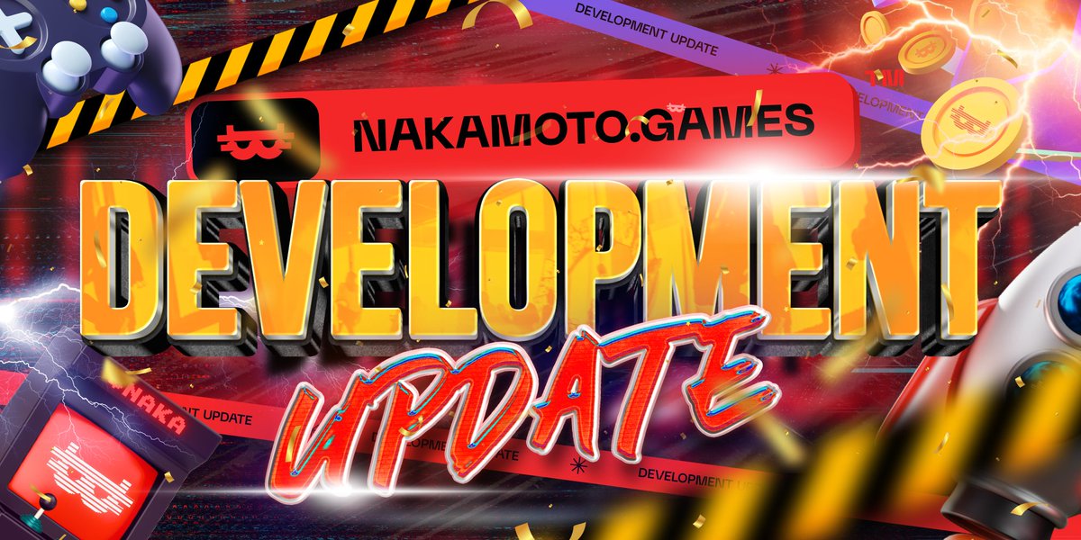 Bold "Development Update" banner with gaming controller, coins, and lightning effects.
