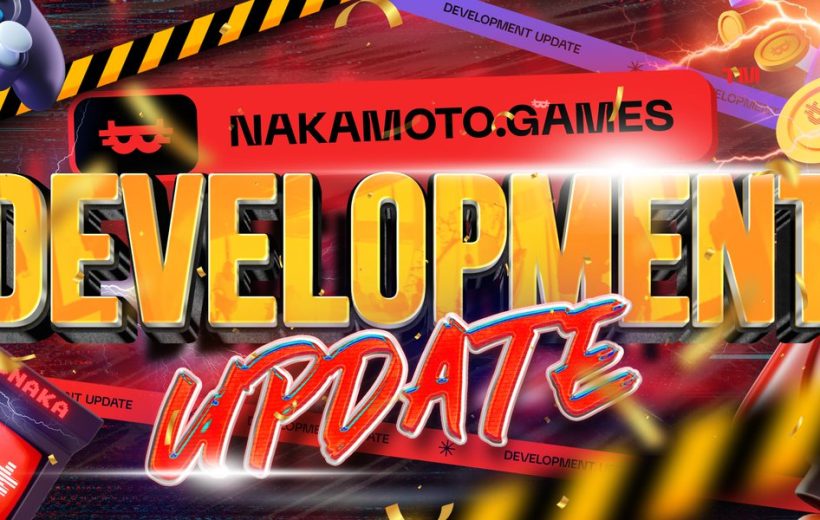 Bold "Development Update" banner with gaming icons, coins, and neon effects surrounding text