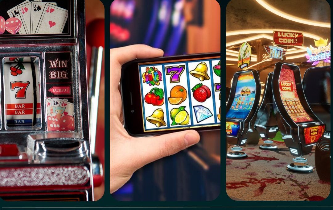 Three-panel timeline showing physical slot machine, mobile slot game, and modern 3D slots.