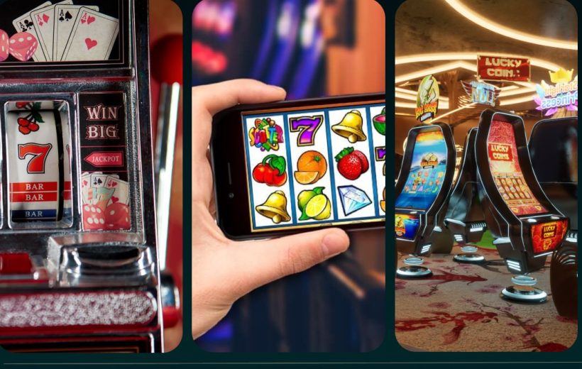 Three-panel timeline showing physical slot machine, mobile slot game, and modern 3D slots.