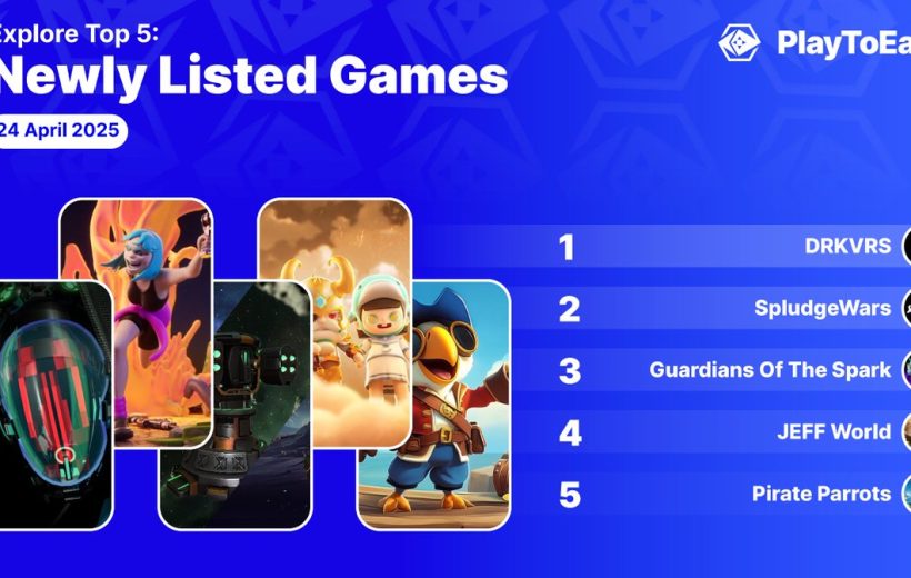 Top 5 newly listed PlayToEarn games leaderboard with game thumbnails and names.
