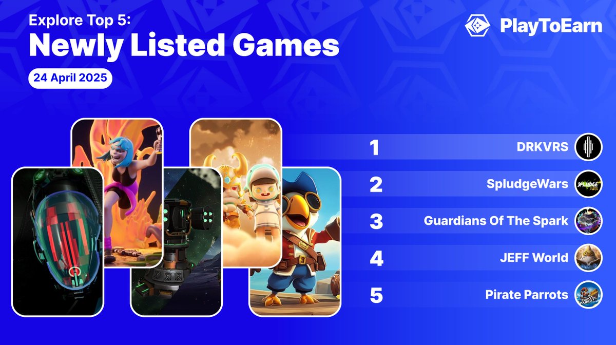 Top 5 newly listed PlayToEarn games leaderboard with game thumbnails and names.