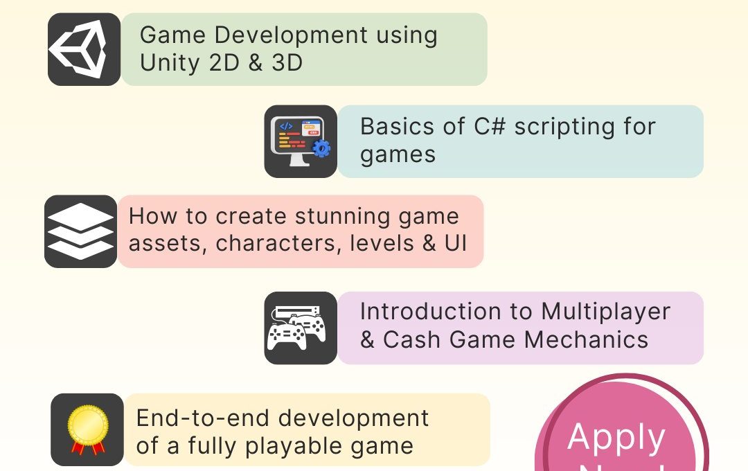 Poster advertising a game development internship covering Unity, C# scripting, assets, multiplayer.