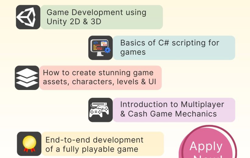 Poster advertising a game development internship covering Unity, C# scripting, assets, multiplayer.