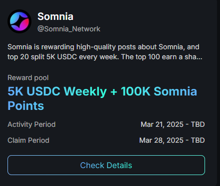 Dark-themed Somnia post announcing 5K USDC weekly reward and 100K Somnia points.
