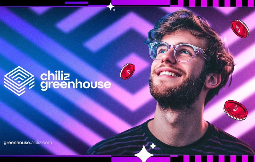 Smiling young man with glasses beside Chiliz Greenhouse logo and floating red tokens