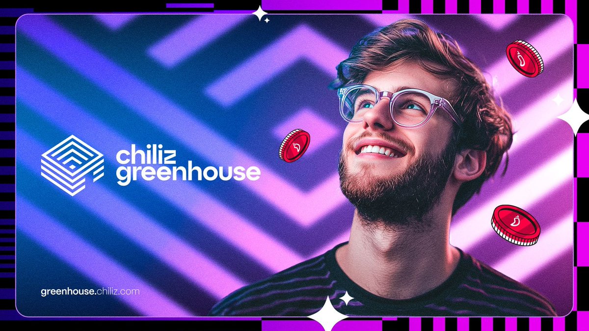 Smiling young man with glasses beside Chiliz Greenhouse logo and floating red tokens