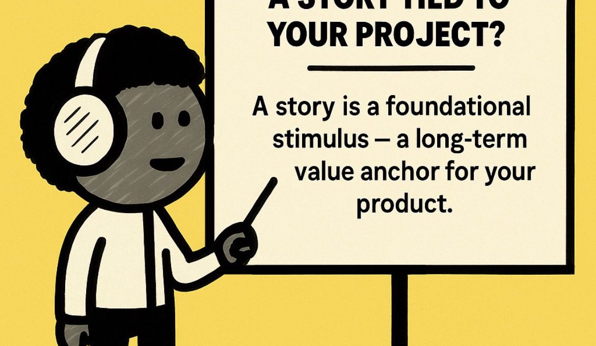 Cartoon presenter pointing to a flip chart explaining why projects need a story.