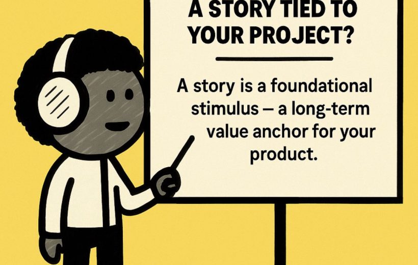 Cartoon presenter pointing to a flip chart explaining why projects need a story.