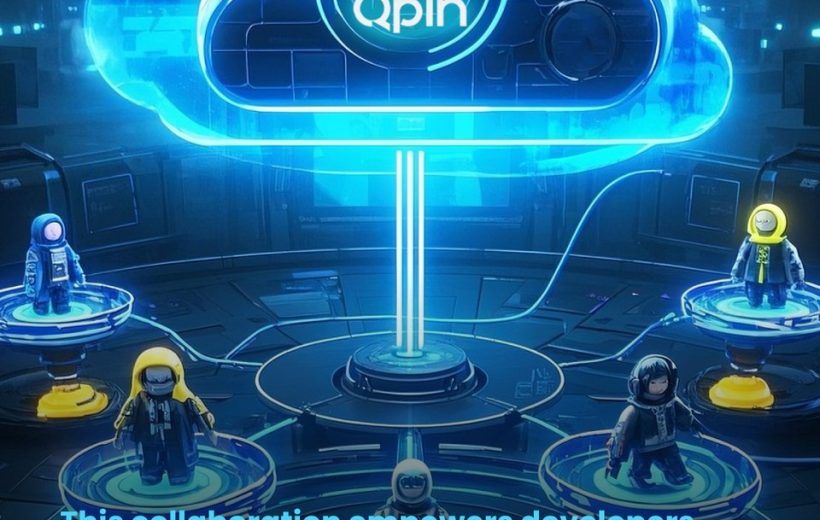Futuristic cloud server with Qpin logo glowing above developers represented as avatars.