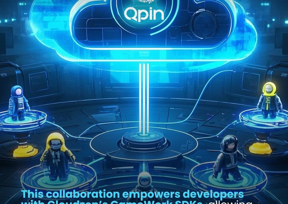 Futuristic cloud server with Qpin logo glowing above developers represented as avatars.
