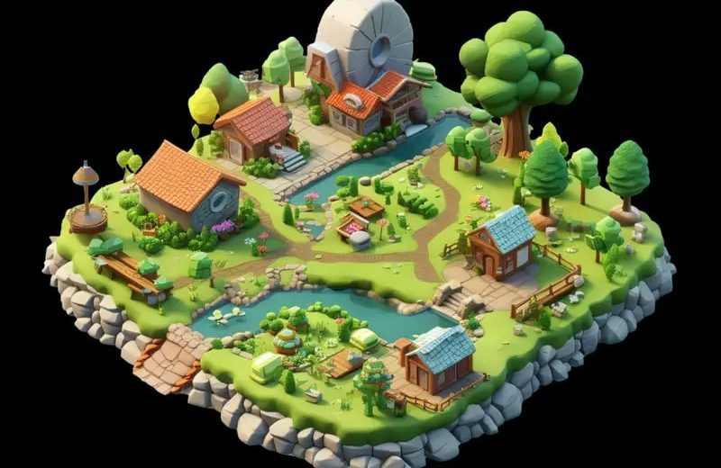 Whimsical floating countryside island with cottages, trees, ponds, paths, and windmill wheel