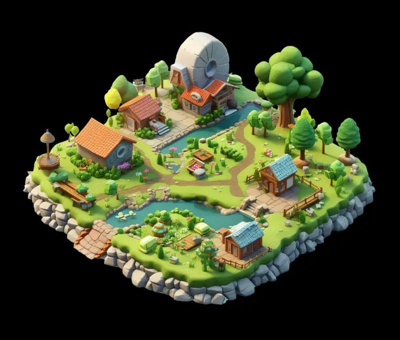 Whimsical floating countryside island with cottages, trees, ponds, paths, and windmill wheel