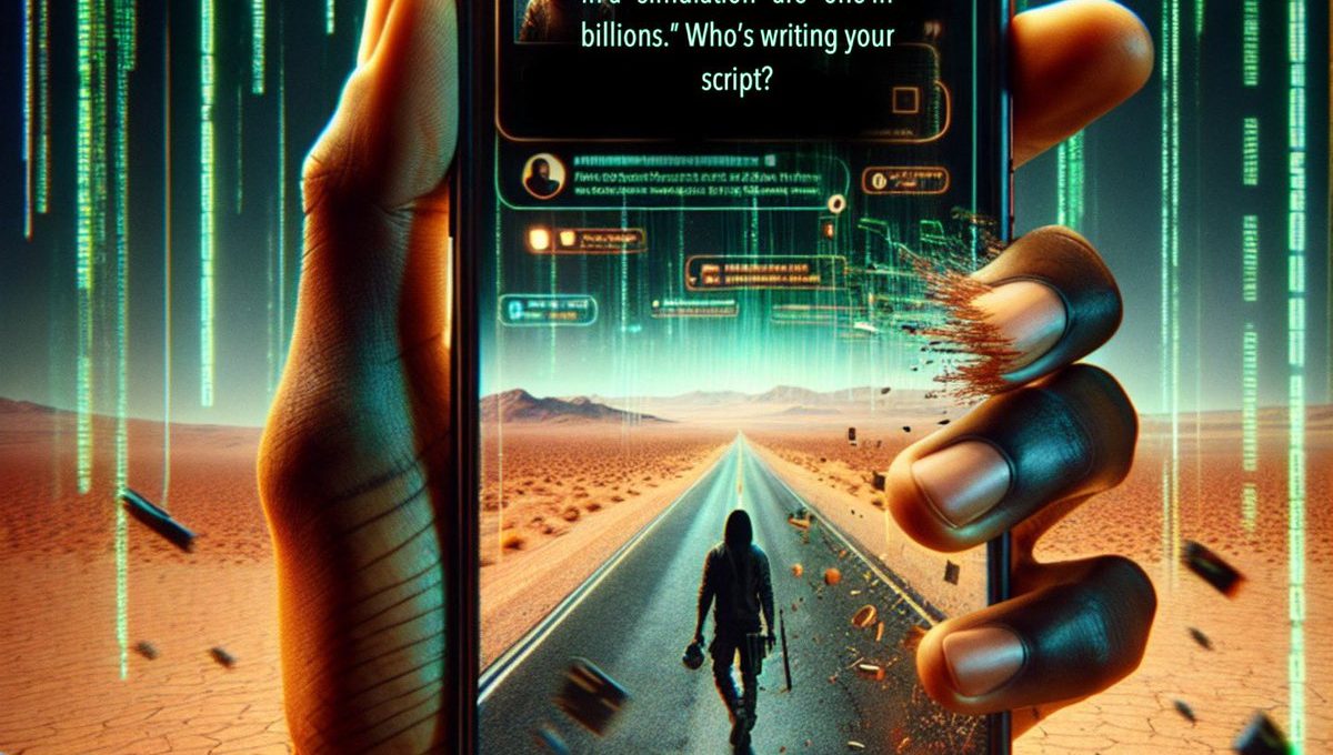 Hand holding phone showing a lone figure walking a desert road through digital code