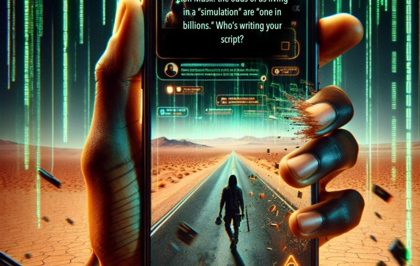 Hand holding phone showing a lone figure walking a desert road through digital code