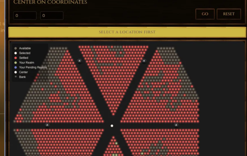 Hexagonal realm map with clustered red and gray dots and center coordinates panel