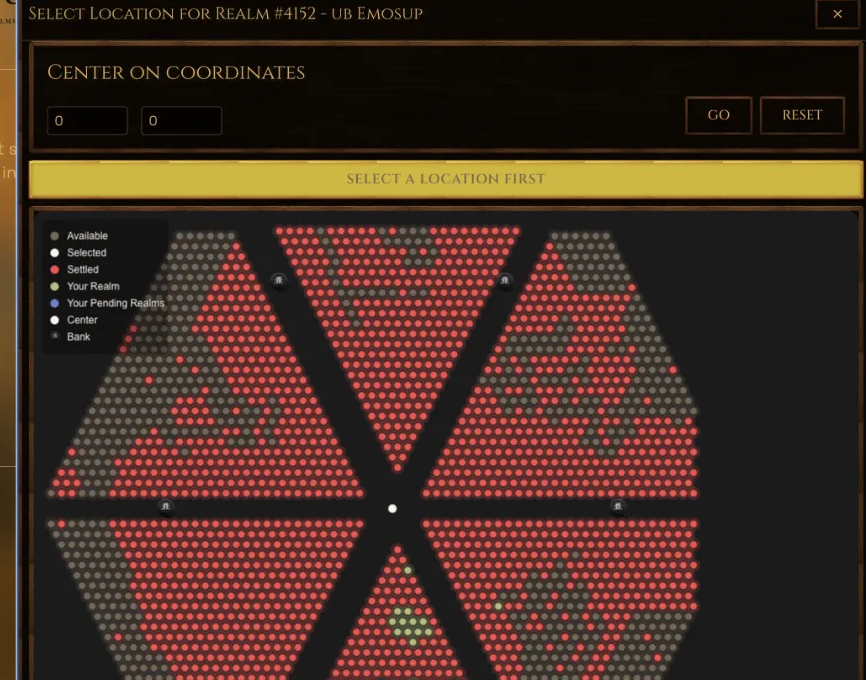 Hexagonal realm map with clustered red and gray dots and center coordinates panel