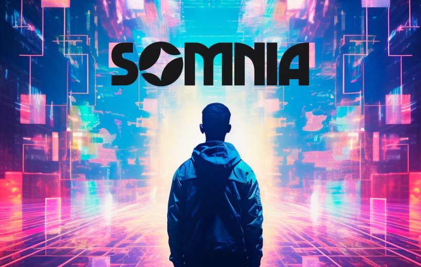 Person in hoodie facing neon cyber cityscape with bold "SOMNIA" logo above them