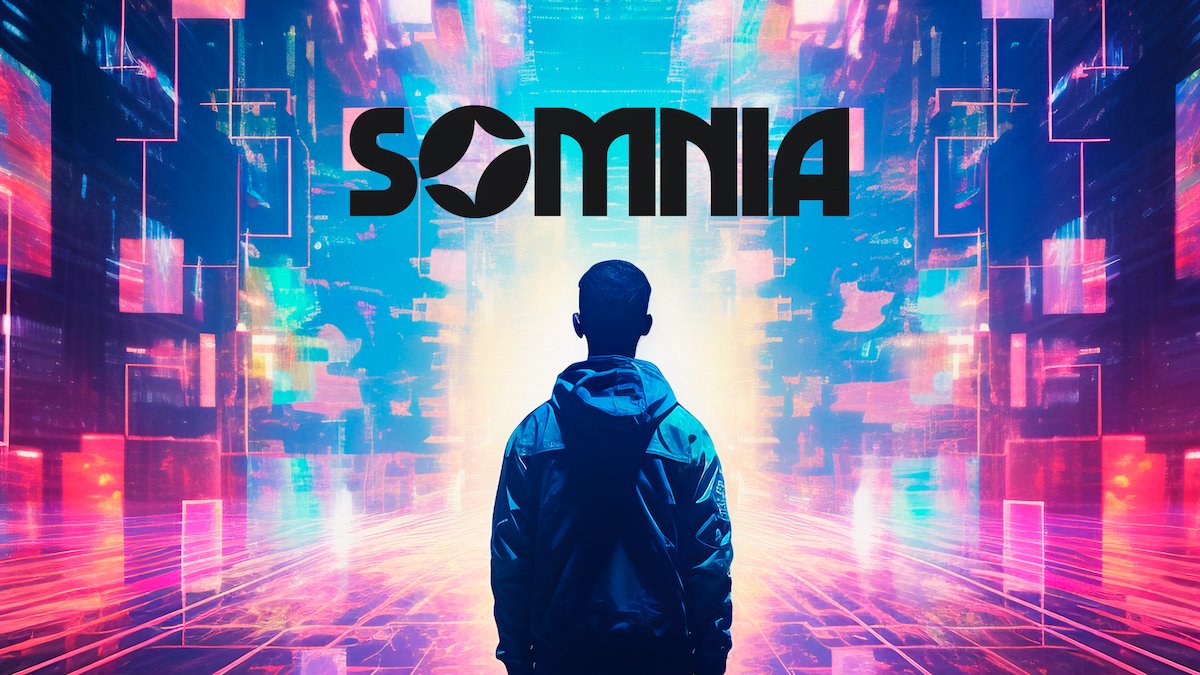 Person in hoodie facing neon cyber cityscape with bold "SOMNIA" logo above them