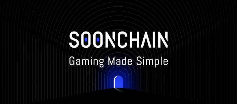 SoonChain logo and slogan "Gaming Made Simple" above glowing blue tunnel entrance on black
