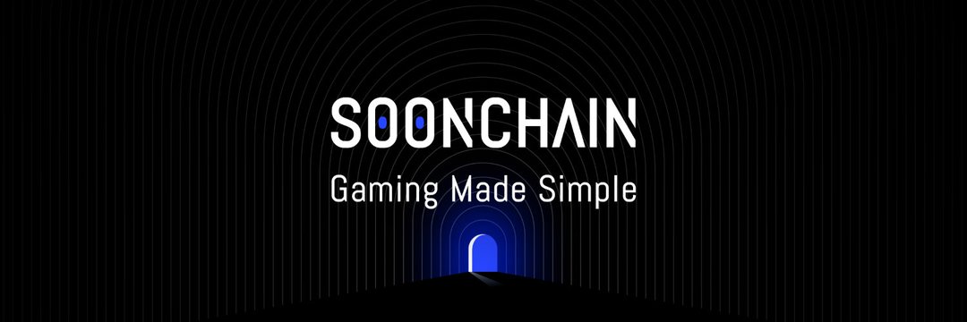SoonChain logo and slogan "Gaming Made Simple" above glowing blue tunnel entrance on black