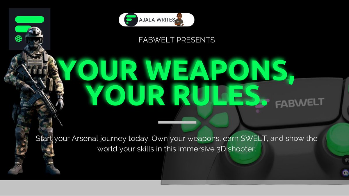 Armed soldier beside green-lit slogan "Your Weapons, Your Rules" over gaming controller background