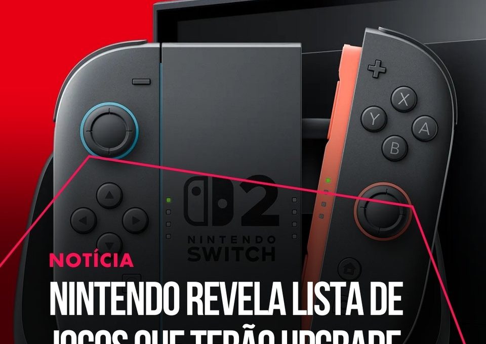 Close-up of Nintendo Switch controllers and console with headline about free upgrades