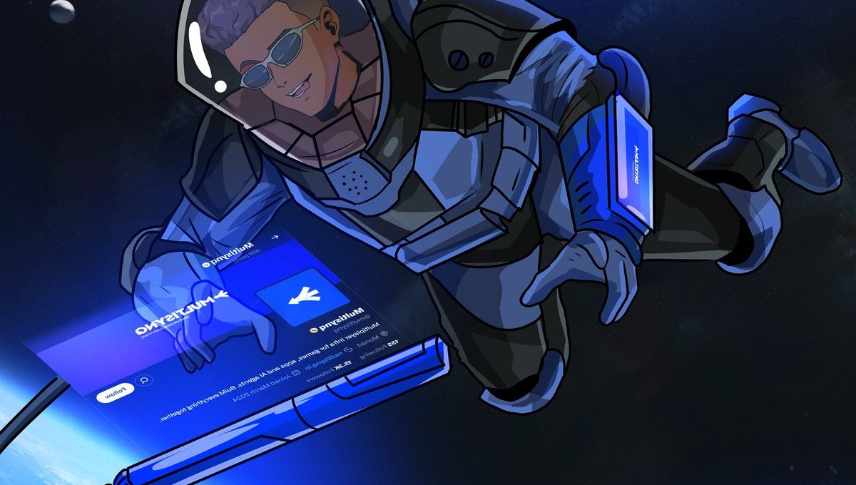 Astronaut in futuristic suit floating above Earth while interacting with a holographic tablet