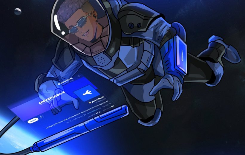 Astronaut in futuristic suit floating above Earth while interacting with a holographic tablet