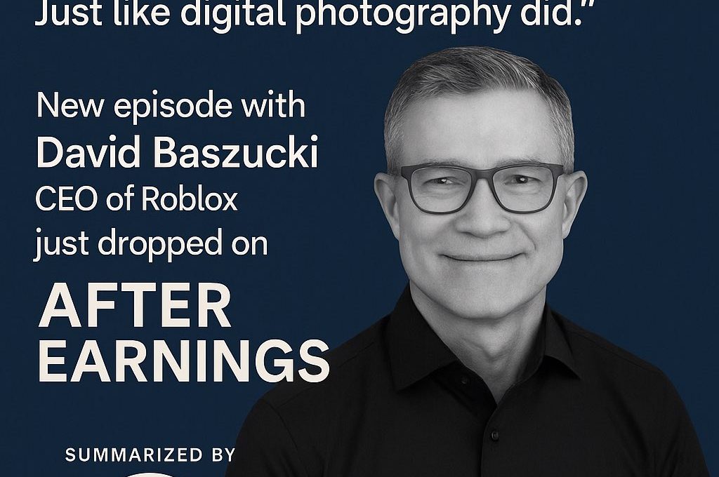 David Baszucki portrait with podcast text promoting After Earnings episode about accelerating humans.