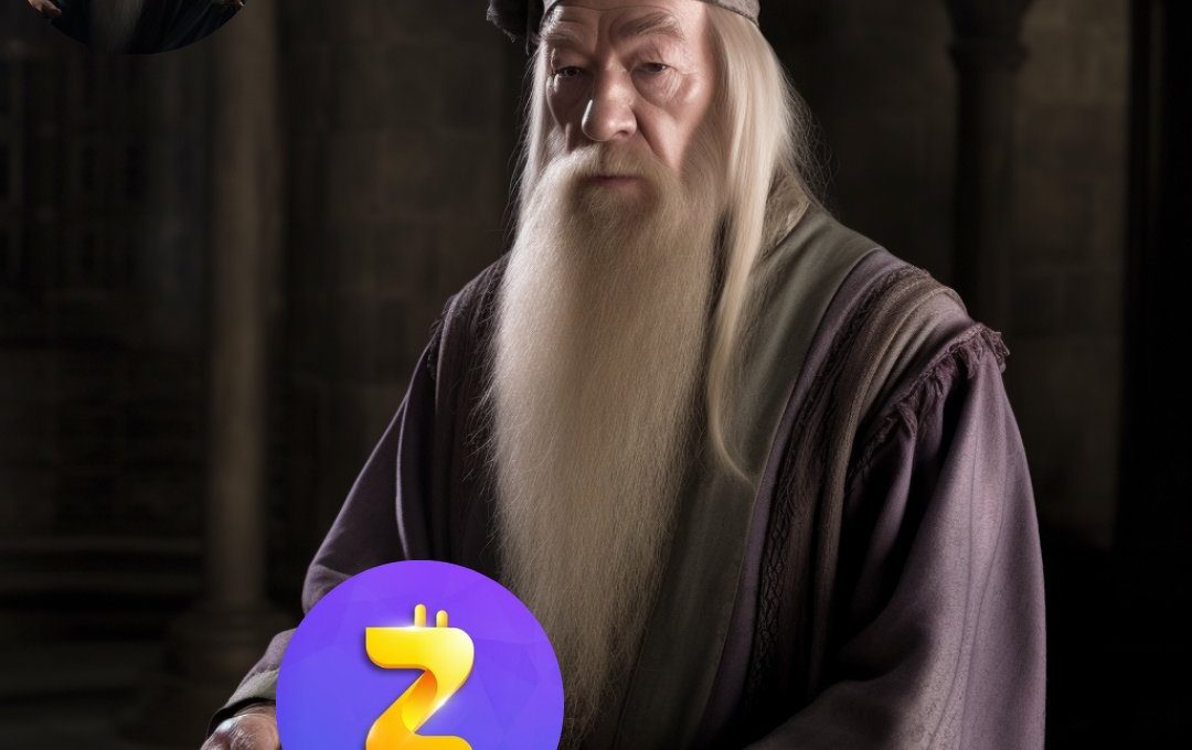 Elderly bearded wizard seated at a table reading a large book, holding a purple crypto logo.