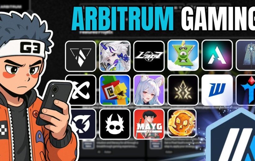Cartoon gamer holding phone beside grid of game and app icons under "Arbitrum Gaming"
